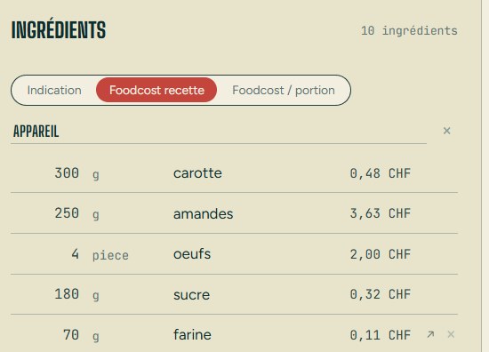 Fiche recette KLE, crème Namelaka chocolat au lait : chaque ingrédient avec sa quantité et son coût, et la bascule indication / foodcost recette / foodcost portion