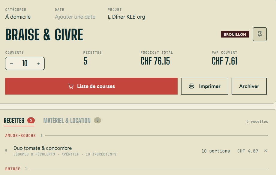Atelier d'un projet KLE, menu « Braise & Givre » : couverts ajustables, foodcost et coût par couvert, recettes cochables avec leurs portions