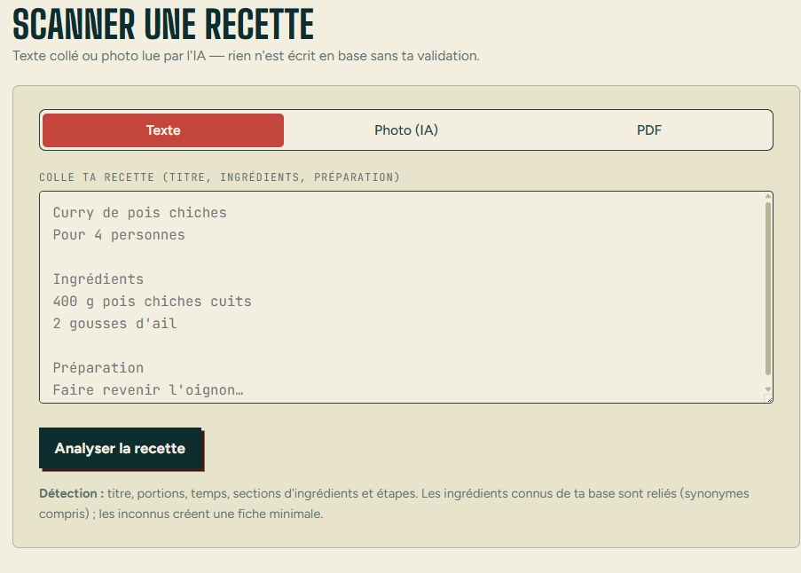 Écran d'import KLE, scanner une recette : deux onglets Texte et Photo (IA), une recette collée, le bouton d'analyse