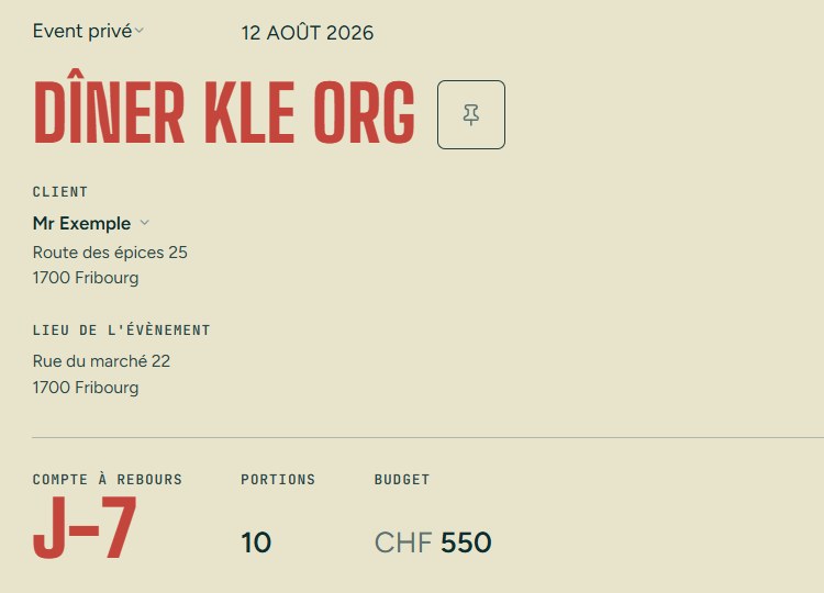 Fiche projet KLE, dîner chez un client : catégorie, date, nom du projet, compte à rebours à J-13, portions et budget